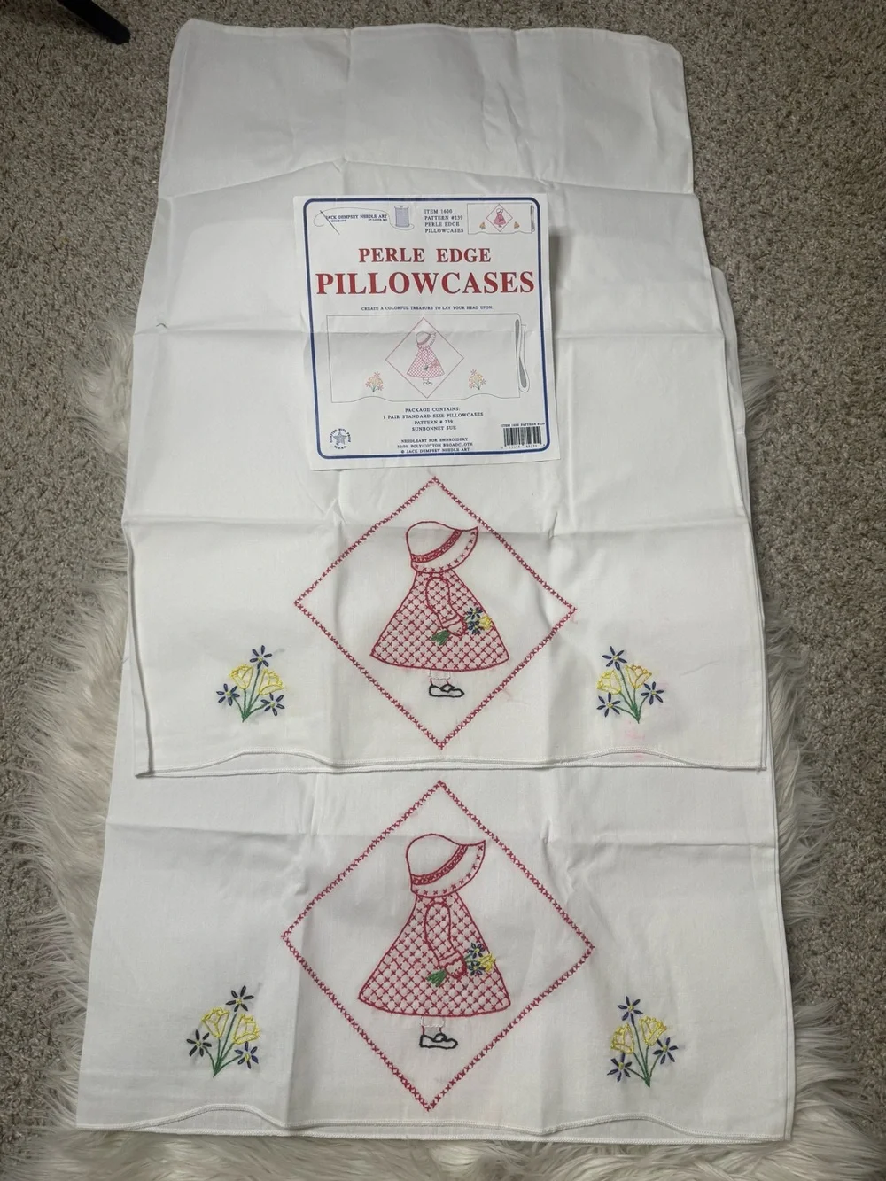 Vintage Sunbonnet Sue (2) White Pillowcases with Red Embroidered Standard